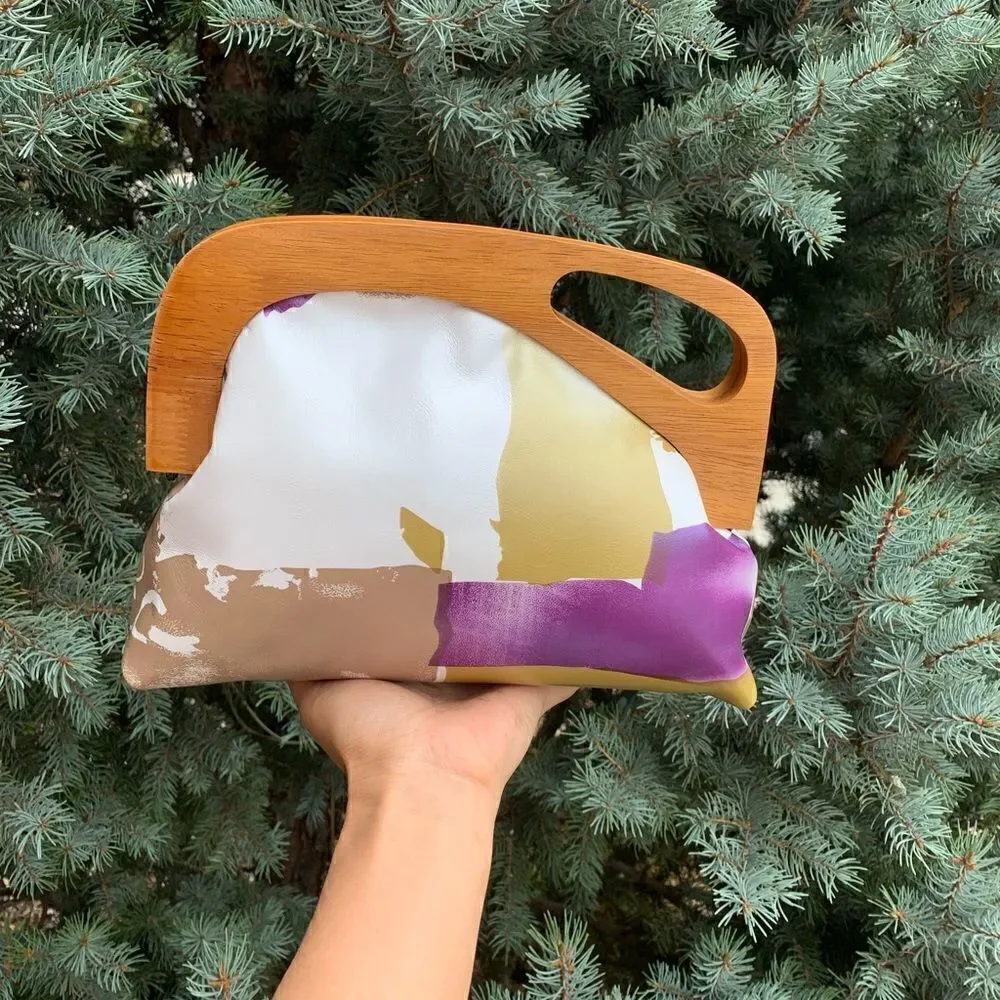 Handmade Genuine Leather Abstract Printed Bag Wooden Frame Clutch/Crossbody